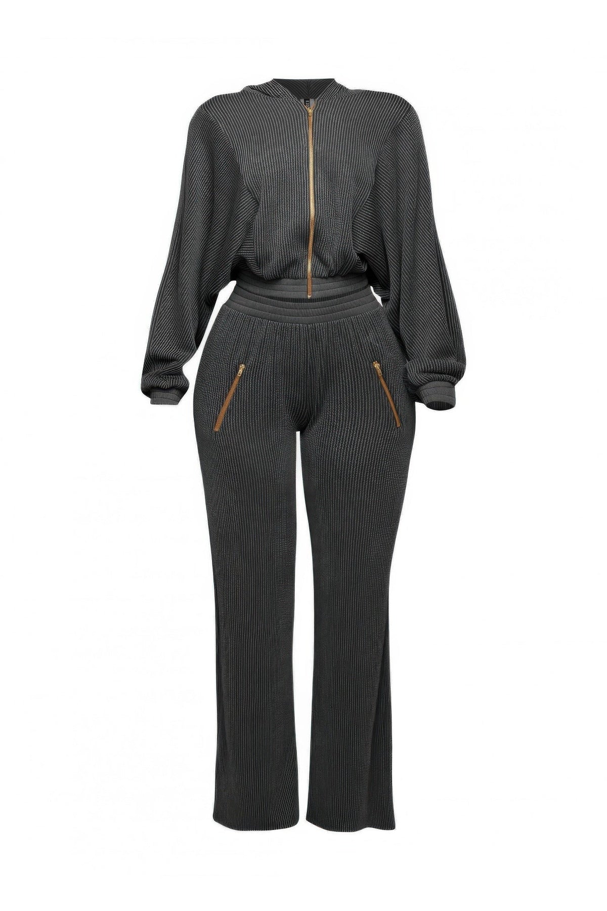 Ribbed Zip Hoodie & Wide-Leg Pants Set