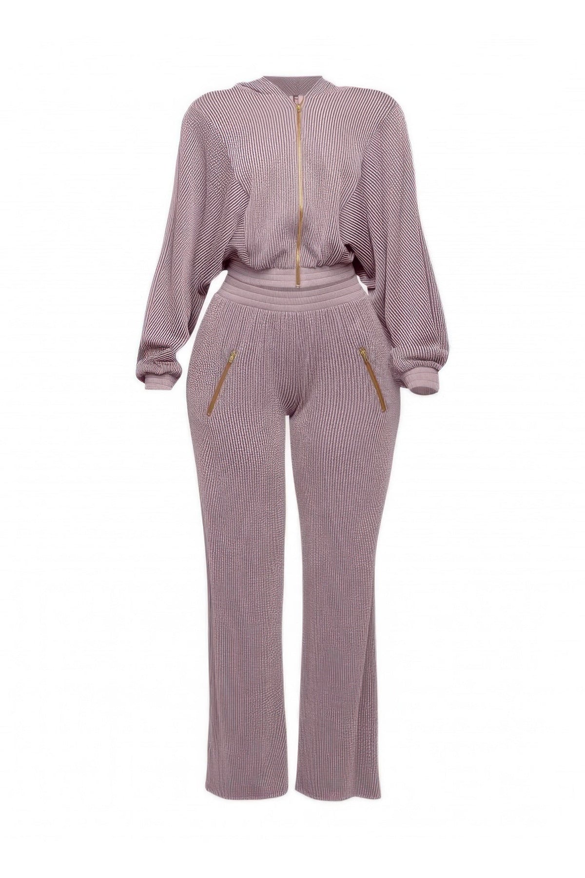 Ribbed Zip Hoodie & Wide-Leg Pants Set
