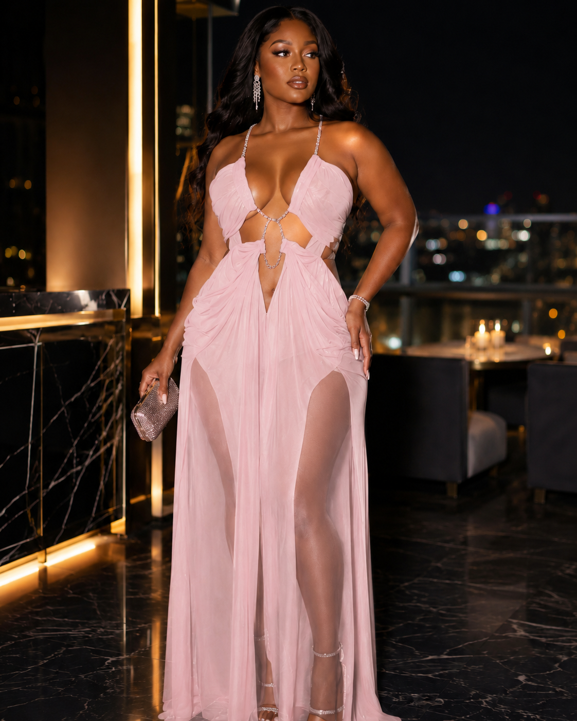 Rhinestone Halter Cutout Mesh Maxi Dress