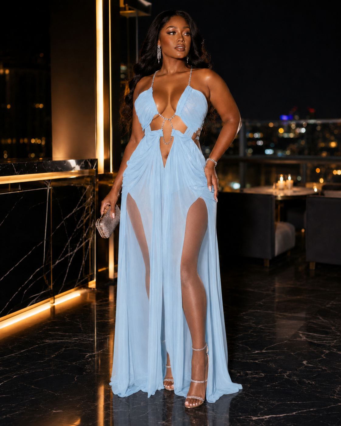 Rhinestone Halter Cutout Mesh Maxi Dress