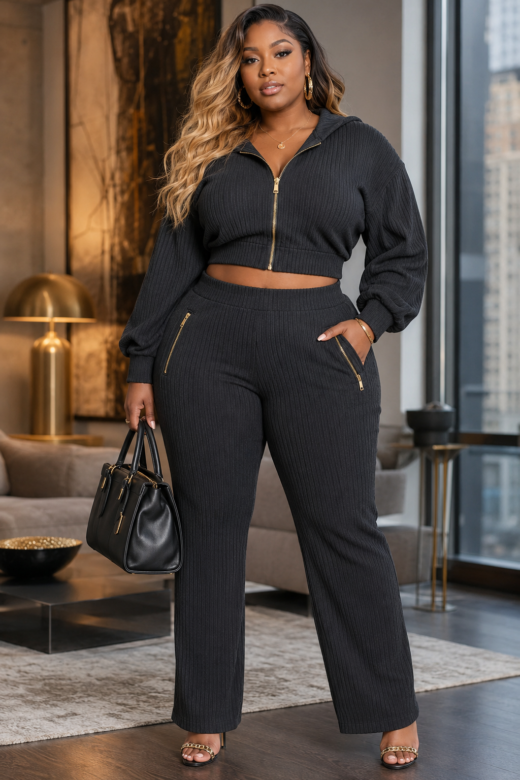 Ribbed Zip Hoodie & Wide-Leg Pants Set