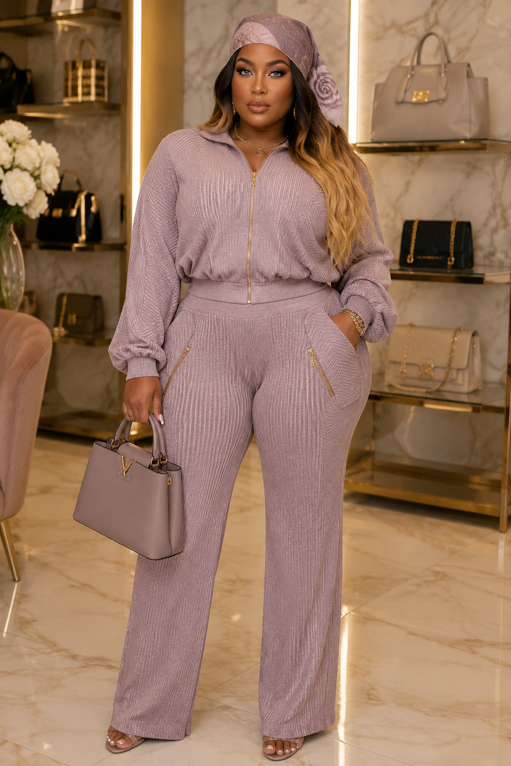 Ribbed Zip Hoodie & Wide-Leg Pants Set