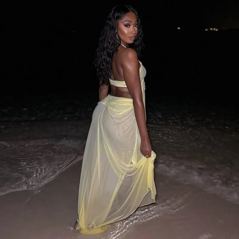 Rhinestone Halter Cutout Mesh Maxi Dress