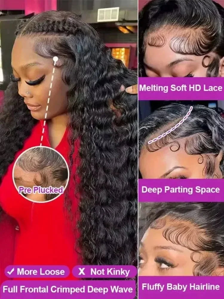 40 Inch Voluminous Deep Wave Human Hair Wig 250 High Density 13x4 13x6 HD Lace Frontal Durable Tangle Free Natural Real Hair Wigs for Women Daily Styling