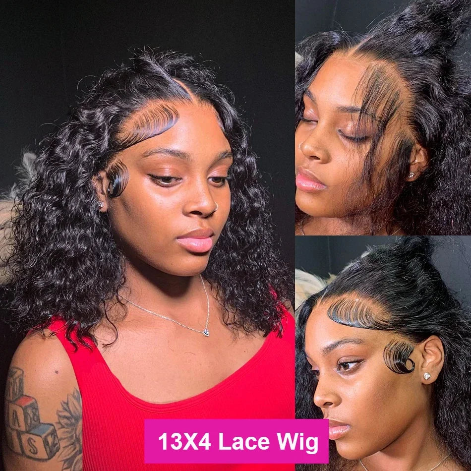 13x4 Lace Closure Wig 100% Human Hair Wig Deep Curly Wig Jerry Curly Short Bob Wig With Baby Hair Deep Wave Double Draw Wig For Black Women