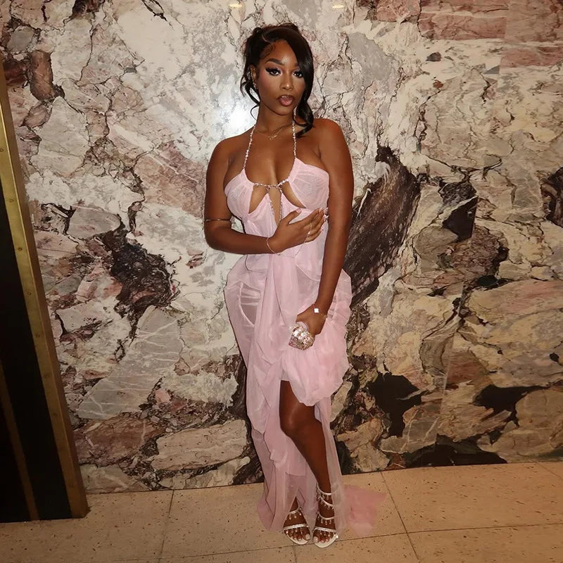 Rhinestone Halter Cutout Mesh Maxi Dress