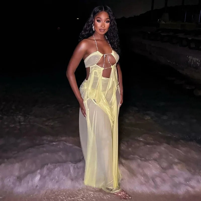 Rhinestone Halter Cutout Mesh Maxi Dress