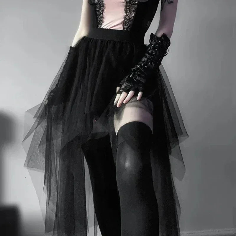 Casual Skirts Punk Sexy Net Yarn High-Waisted Irregular Skirt for Women Summer New European and American Gothic Style Versatile