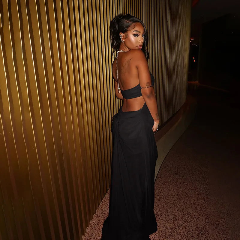 Rhinestone Halter Cutout Mesh Maxi Dress
