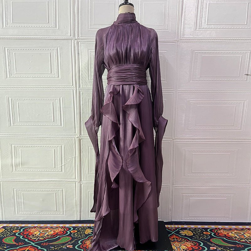 Cascading Ruffle Gown | High Neck Tie-Waist Maxi Dress(MS231)