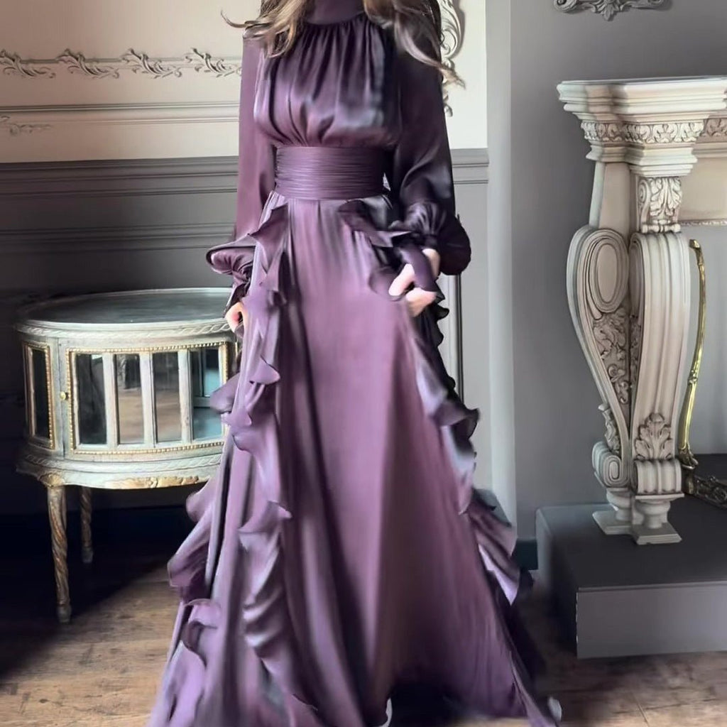 Cascading Ruffle Gown | High Neck Tie-Waist Maxi Dress(MS231)
