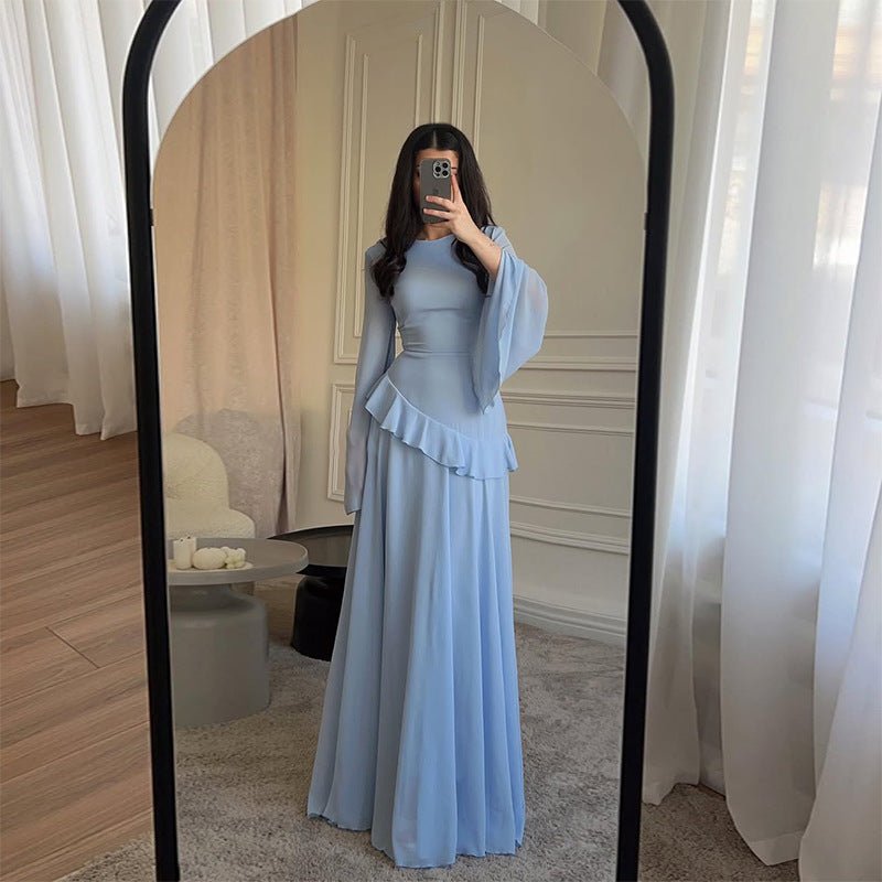 Chiffon Ruffle Gown with Tie-Back | Bell Sleeve Tiered Maxi Dress(MS227)