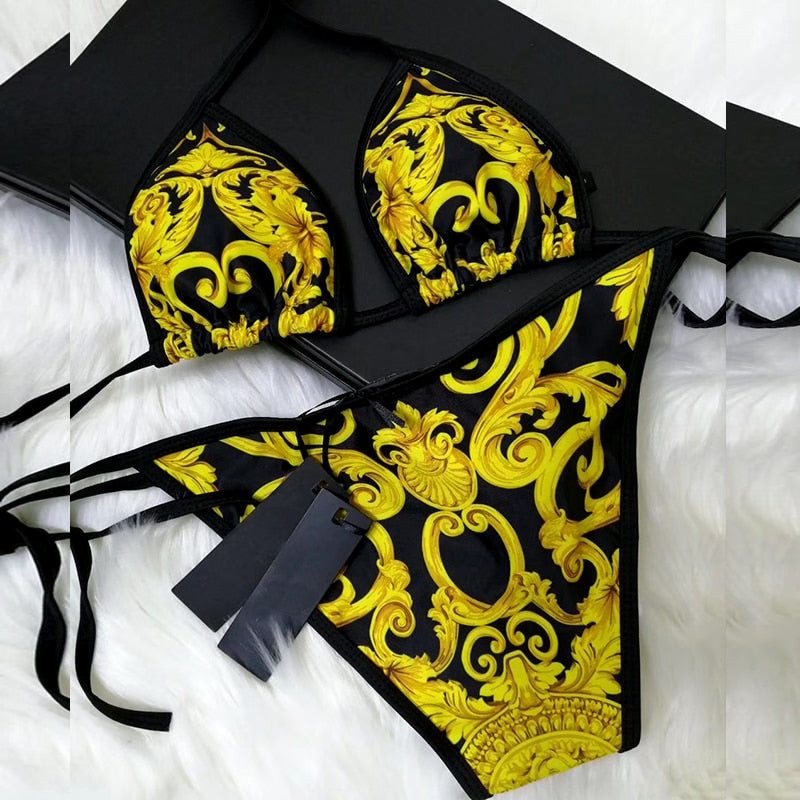 Black/Gold Baroque Print Swimsuit – One-Piece or Tie-Side Bikini