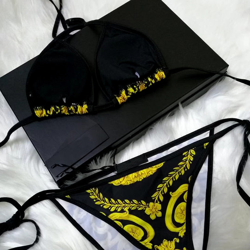 Black/Gold Baroque Print Swimsuit – One-Piece or Tie-Side Bikini