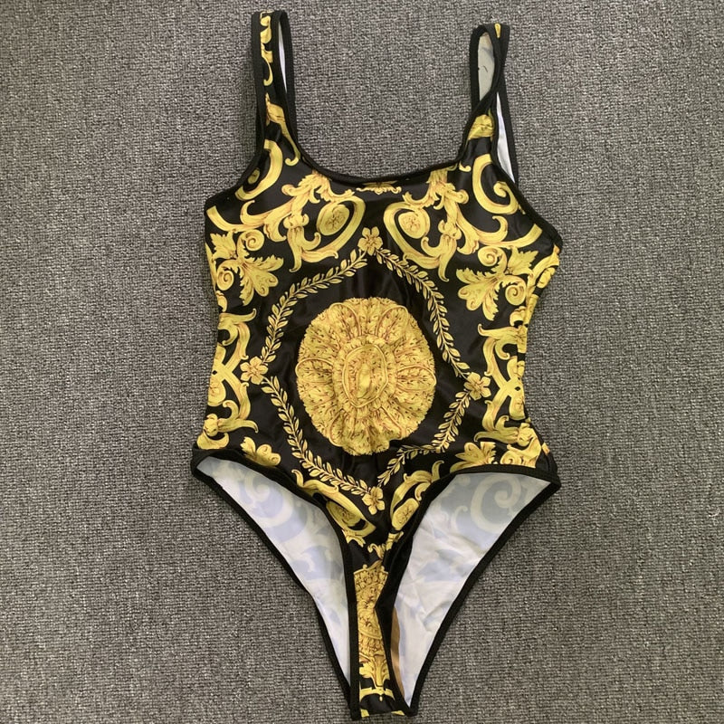 Black/Gold Baroque Print Swimsuit – One-Piece or Tie-Side Bikini