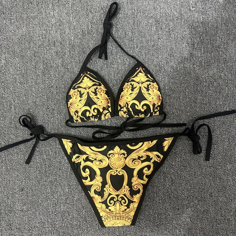 Black/Gold Baroque Print Swimsuit – One-Piece or Tie-Side Bikini