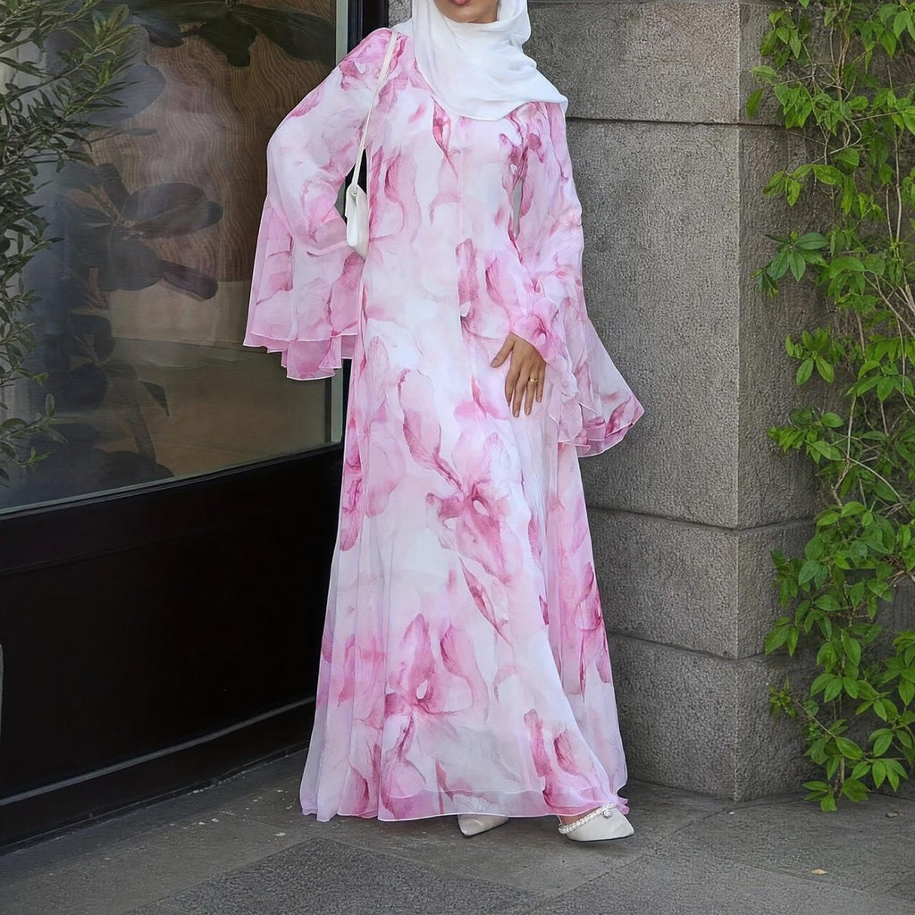 Watercolour Print Double-Layer Flared-Sleeve Maxi Dress