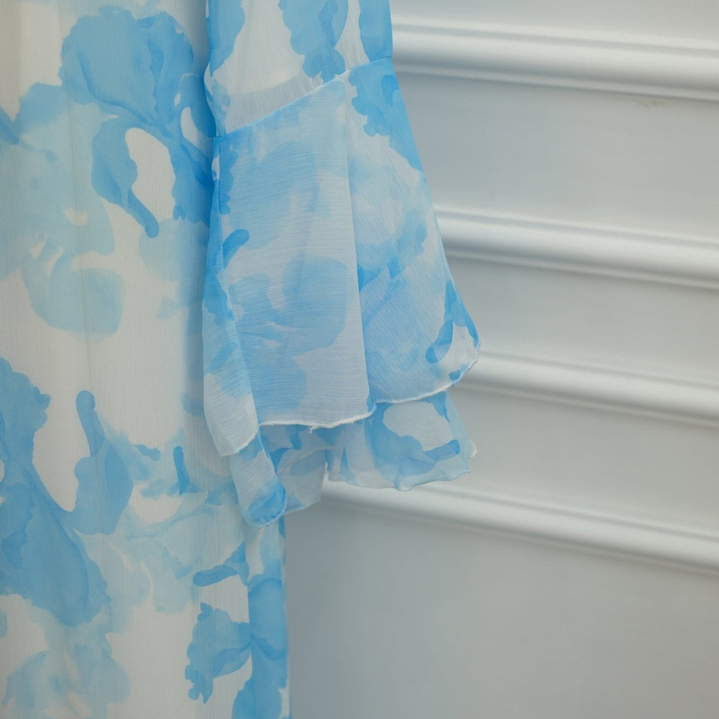 Watercolour Print Double-Layer Flared-Sleeve Maxi Dress