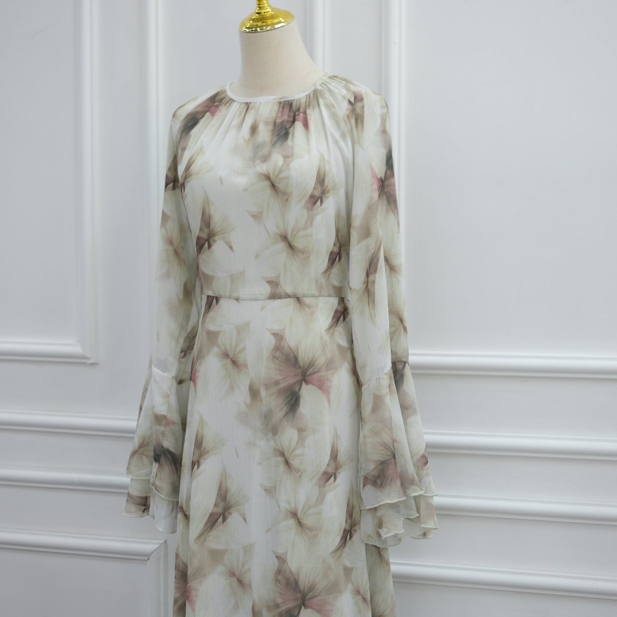 Watercolour Print Double-Layer Flared-Sleeve Maxi Dress