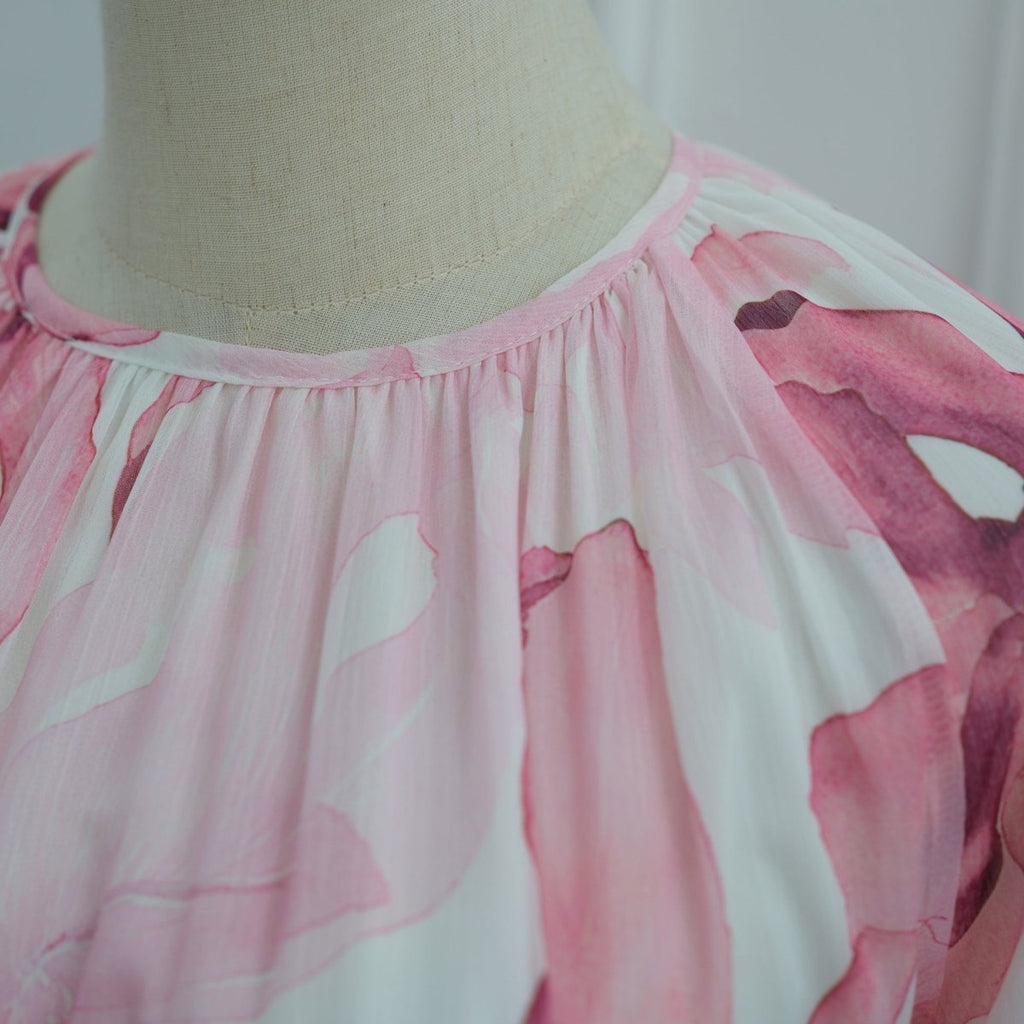 Watercolour Print Double-Layer Flared-Sleeve Maxi Dress