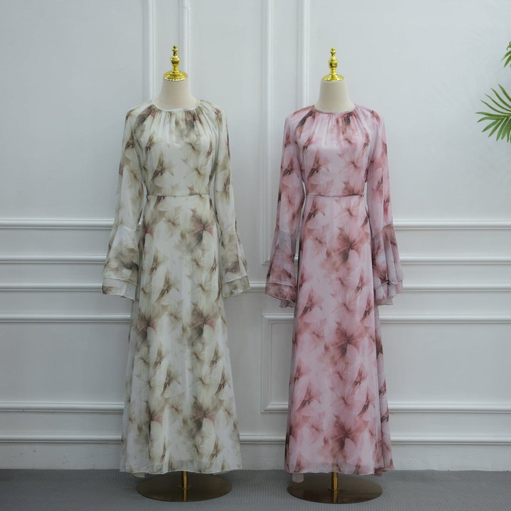 Watercolour Print Double-Layer Flared-Sleeve Maxi Dress