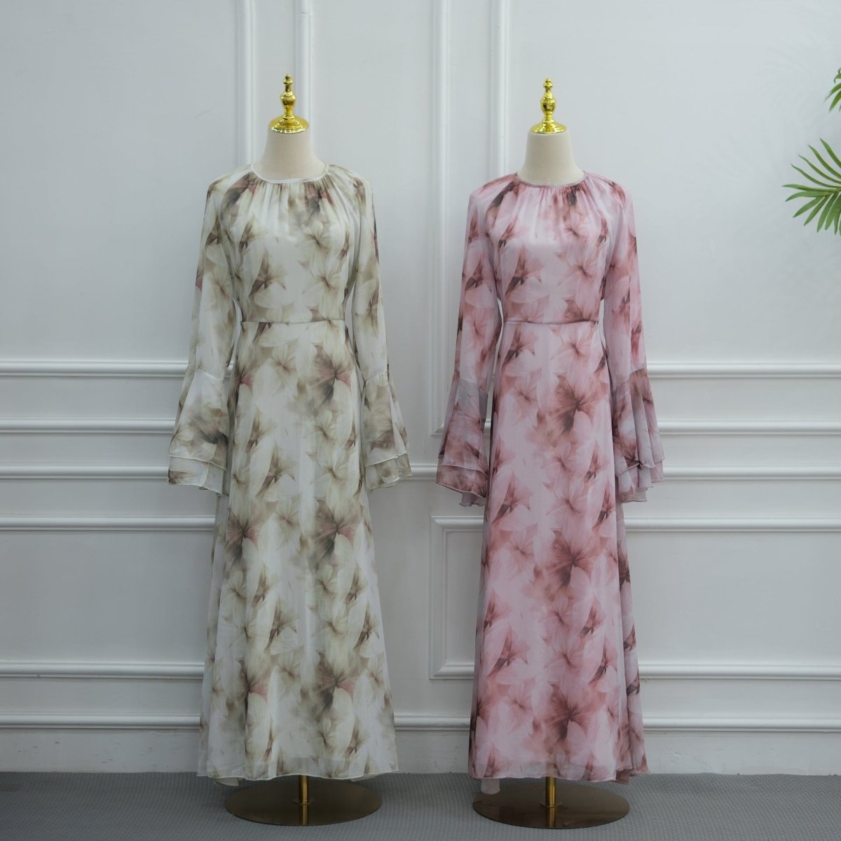 Watercolour Print Double-Layer Flared-Sleeve Maxi Dress