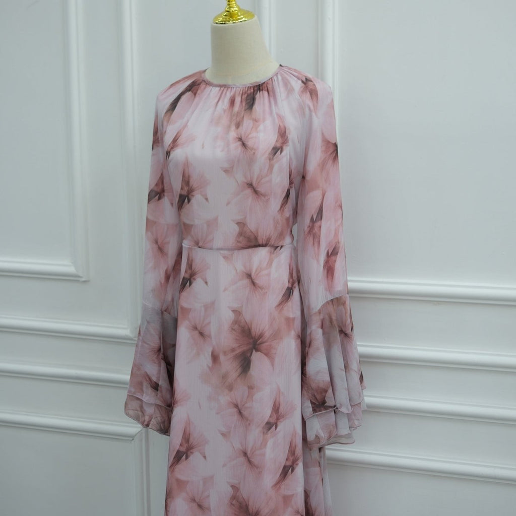 Watercolour Print Double-Layer Flared-Sleeve Maxi Dress