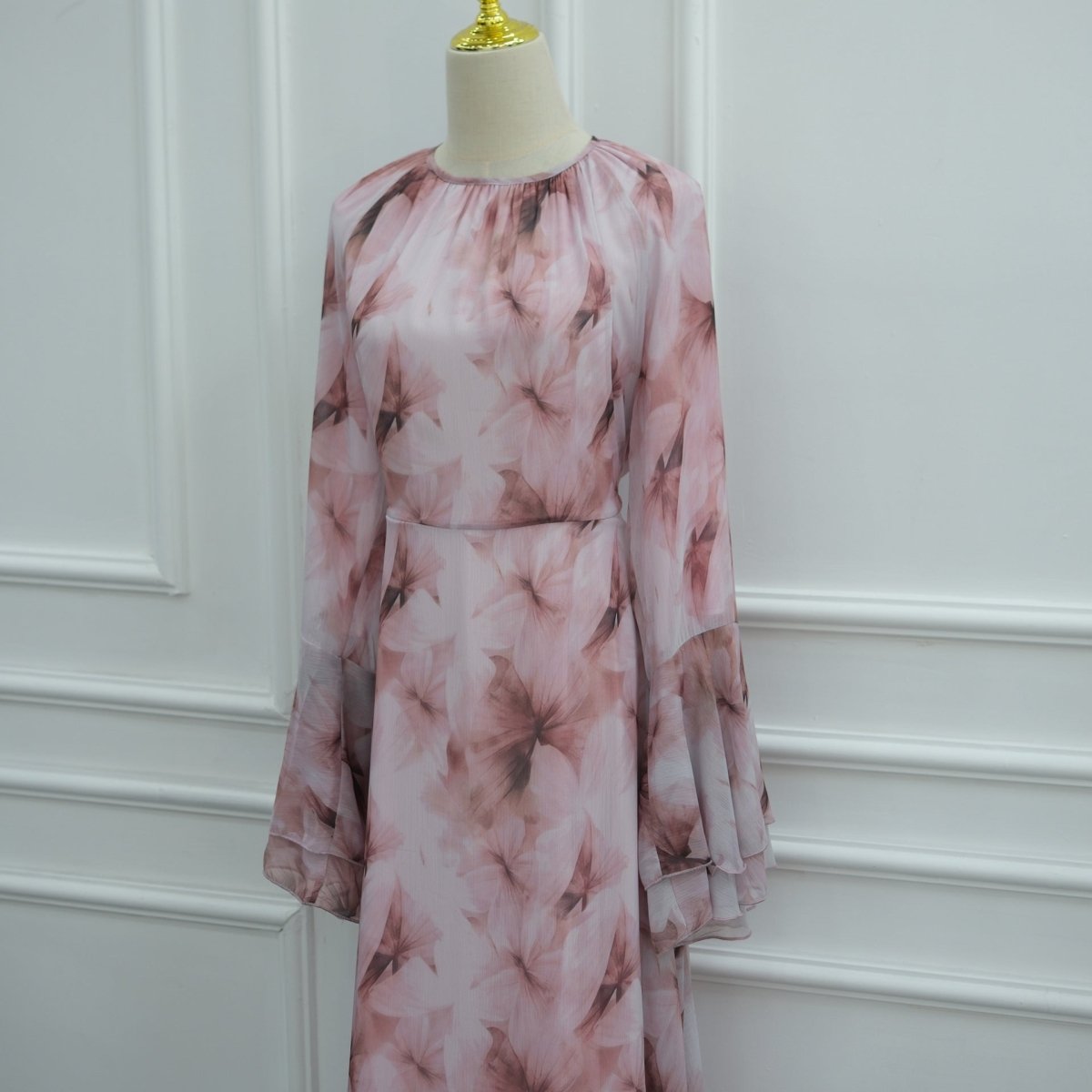 Watercolour Print Double-Layer Flared-Sleeve Maxi Dress