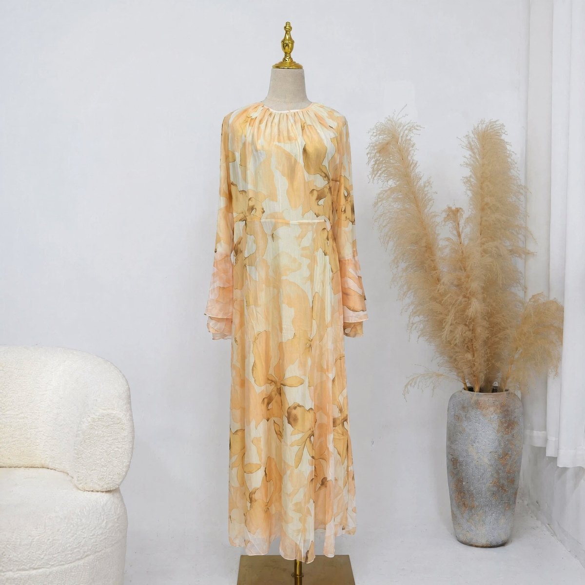 Watercolour Print Double-Layer Flared-Sleeve Maxi Dress