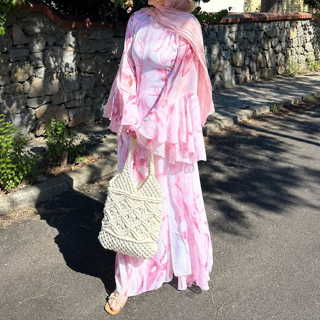 Watercolour Print Double-Layer Flared-Sleeve Maxi Dress