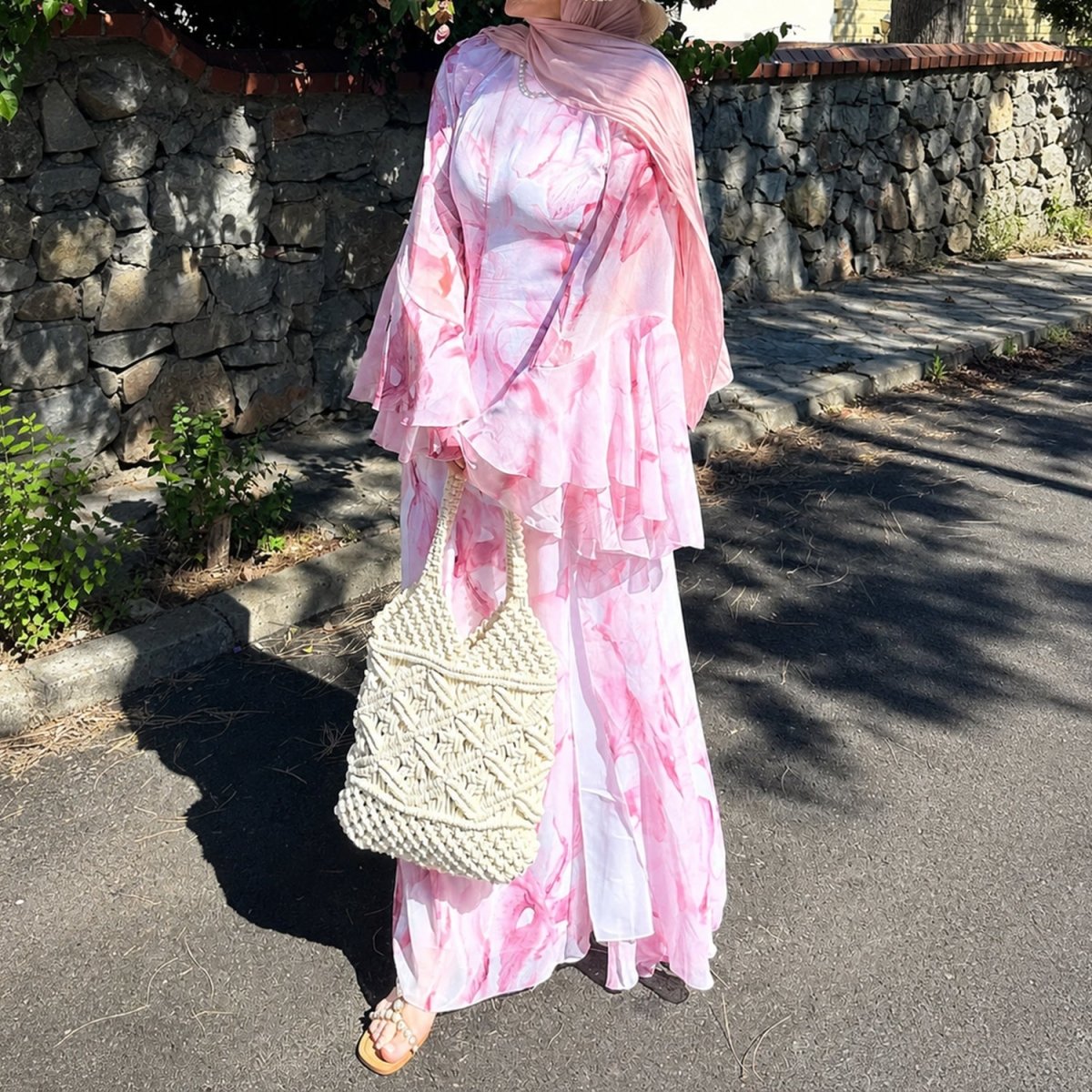 Watercolour Print Double-Layer Flared-Sleeve Maxi Dress