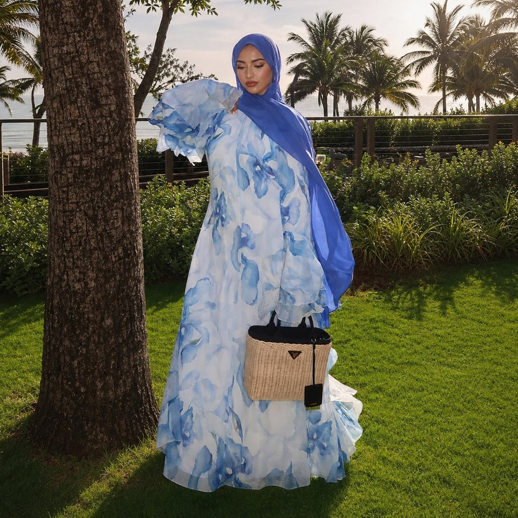 Watercolour Print Double-Layer Flared-Sleeve Maxi Dress