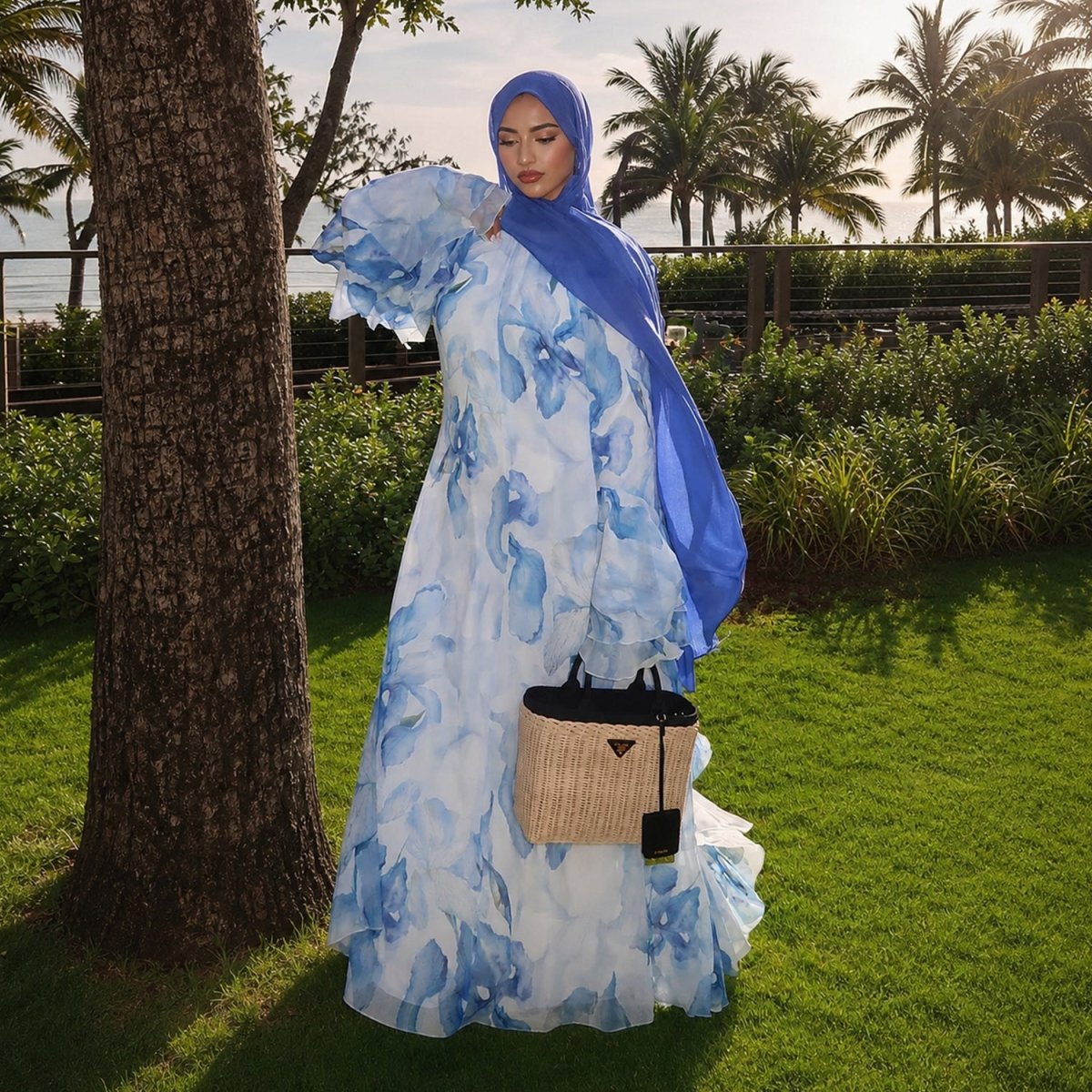 Watercolour Print Double-Layer Flared-Sleeve Maxi Dress