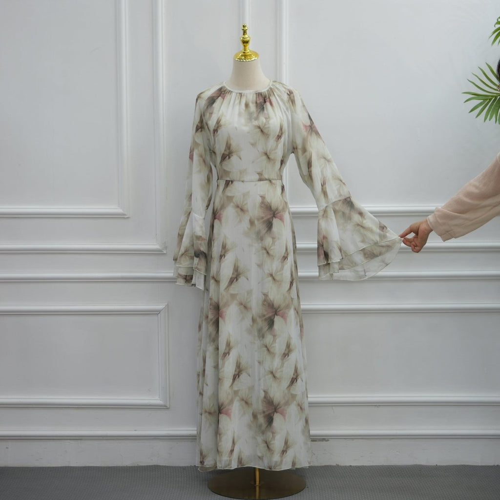 Watercolour Print Double-Layer Flared-Sleeve Maxi Dress