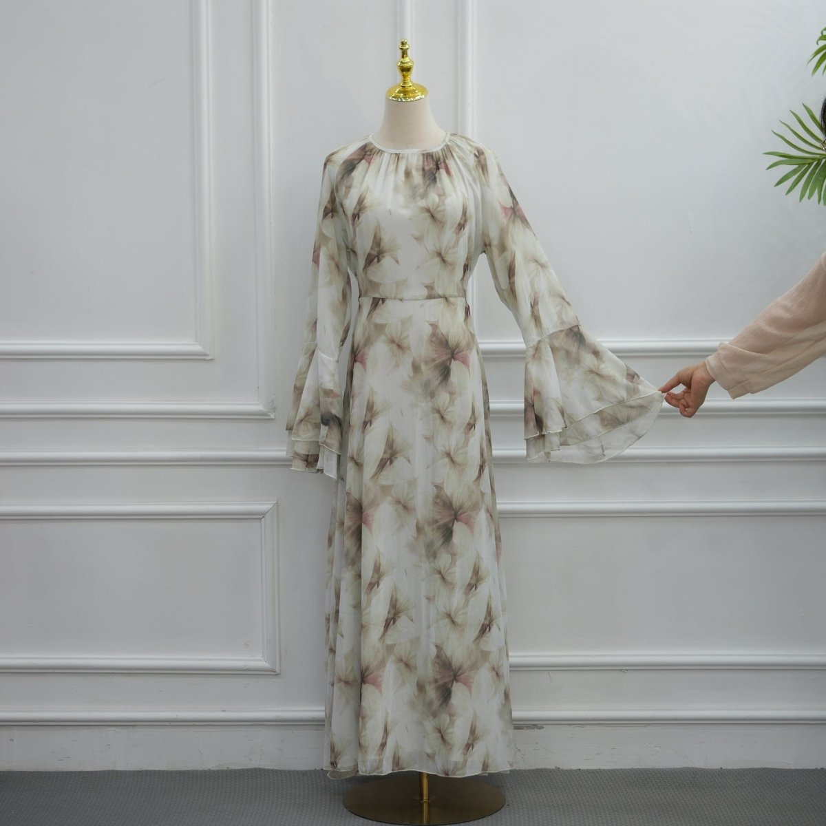 Watercolour Print Double-Layer Flared-Sleeve Maxi Dress