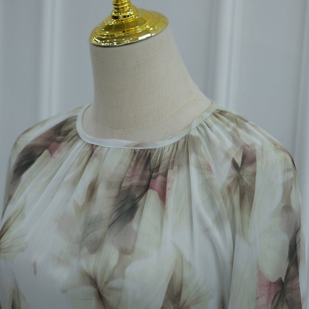 Watercolour Print Double-Layer Flared-Sleeve Maxi Dress