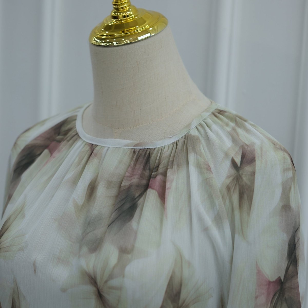 Watercolour Print Double-Layer Flared-Sleeve Maxi Dress