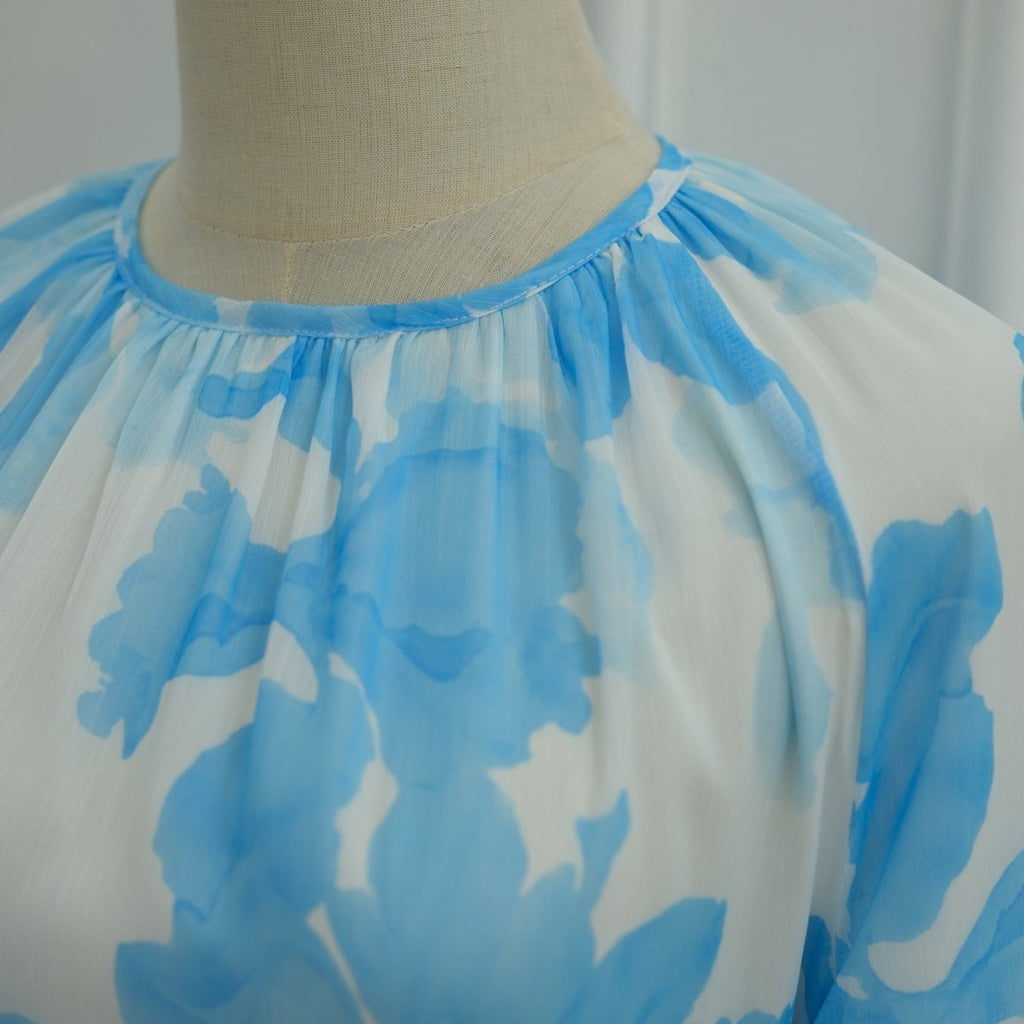 Watercolour Print Double-Layer Flared-Sleeve Maxi Dress