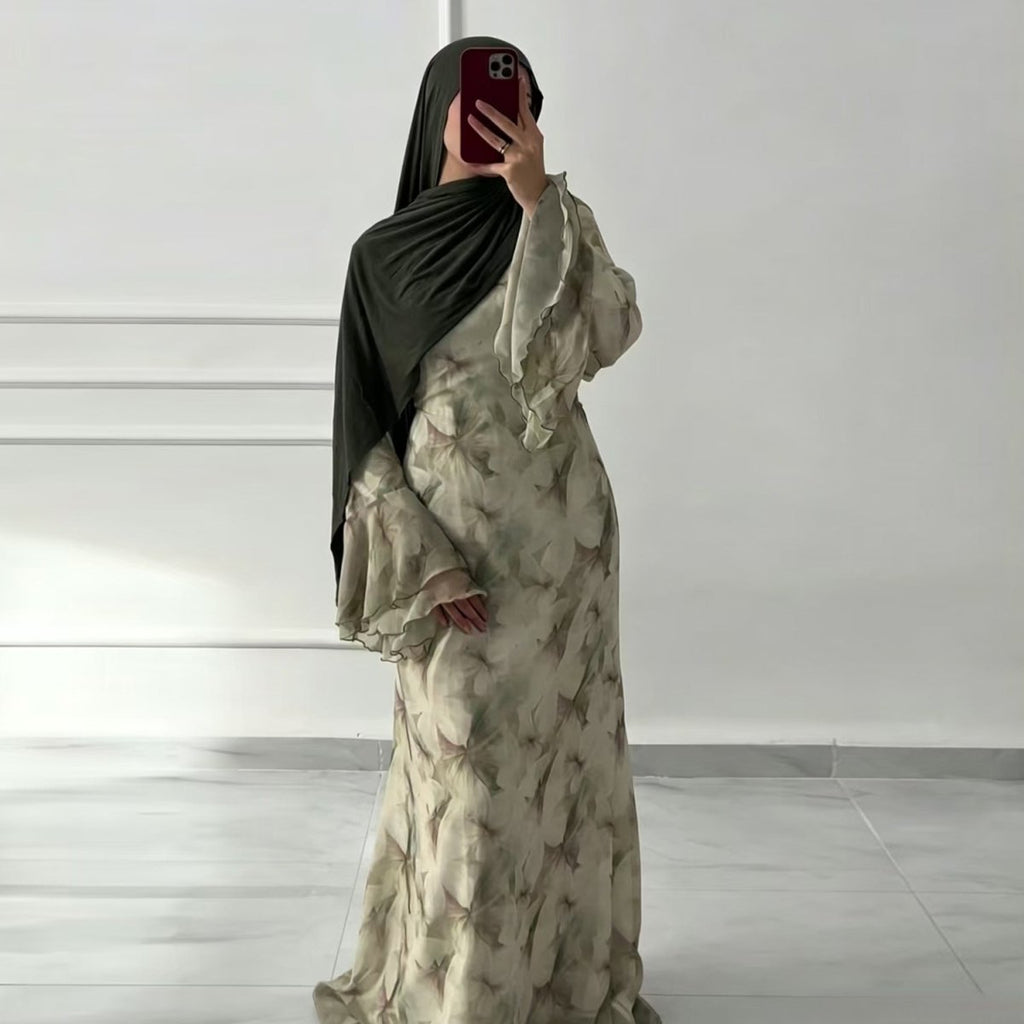 Watercolour Print Double-Layer Flared-Sleeve Maxi Dress