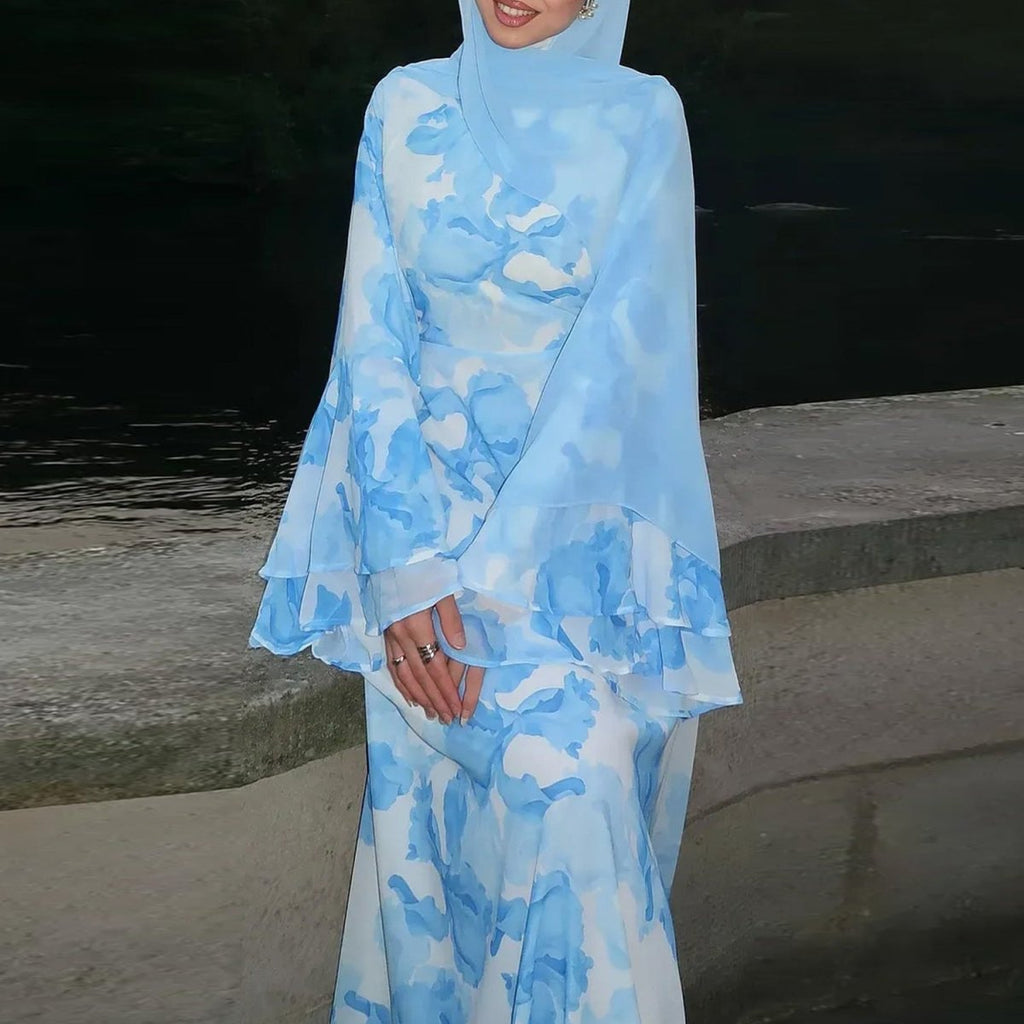 Watercolour Print Double-Layer Flared-Sleeve Maxi Dress