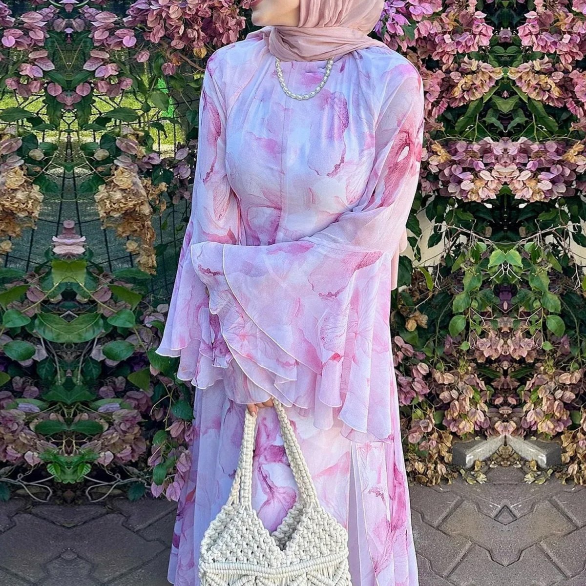 Watercolour Print Double-Layer Flared-Sleeve Maxi Dress