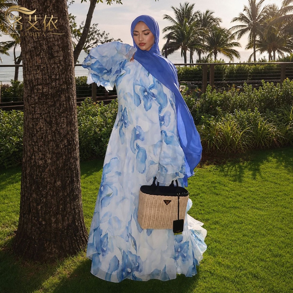 Watercolour Print Double-Layer Flared-Sleeve Maxi Dress