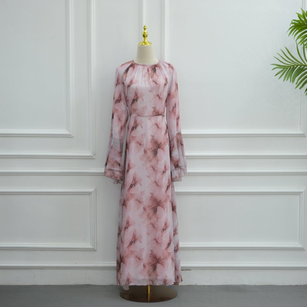Watercolour Print Double-Layer Flared-Sleeve Maxi Dress