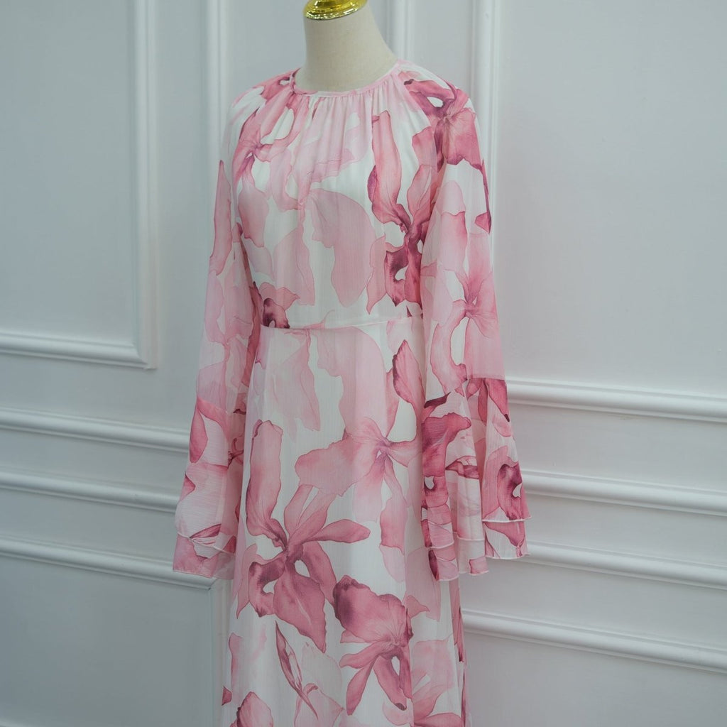 Watercolour Print Double-Layer Flared-Sleeve Maxi Dress