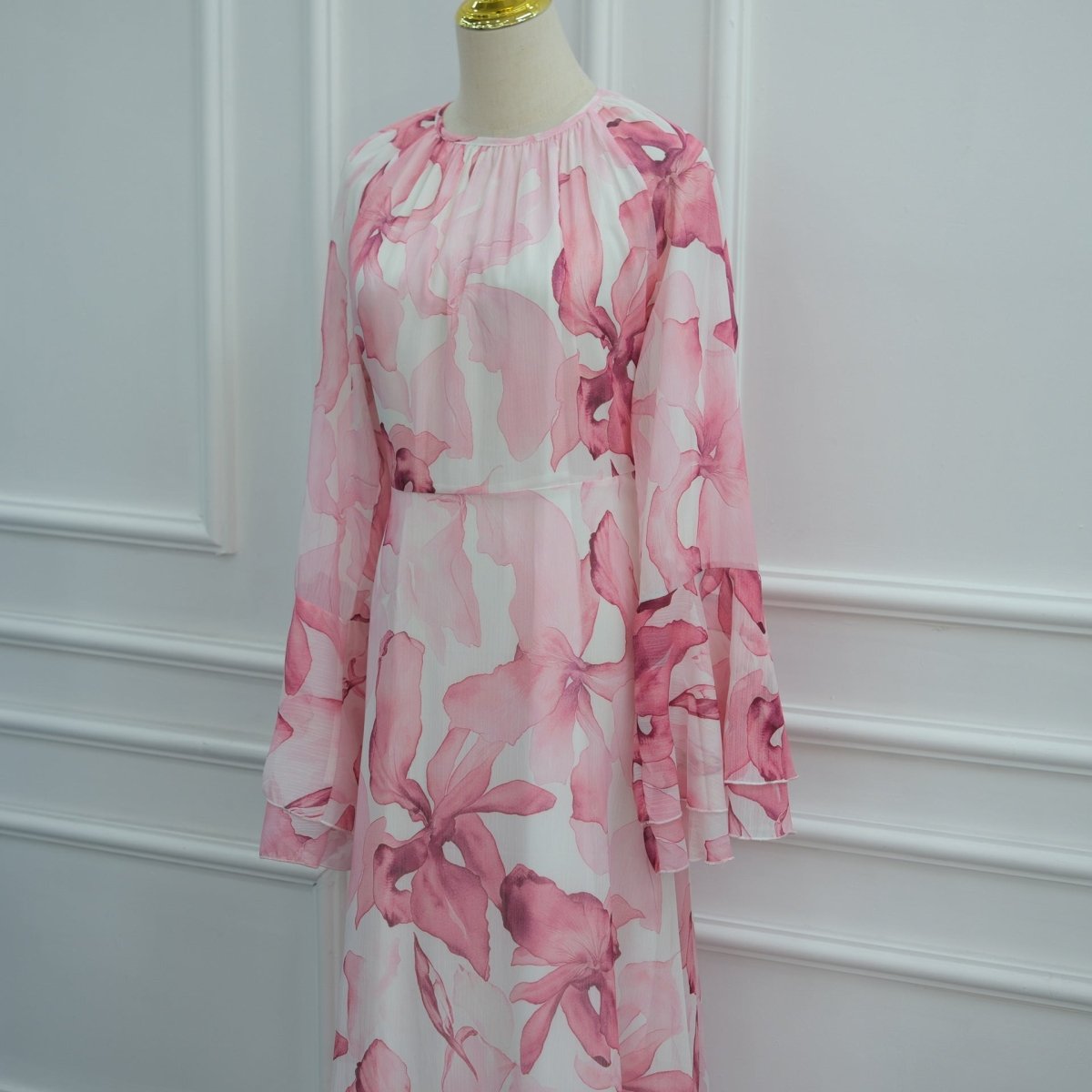 Watercolour Print Double-Layer Flared-Sleeve Maxi Dress
