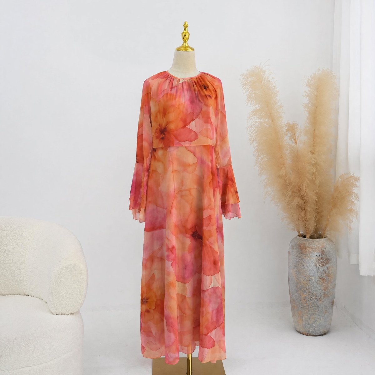 Watercolour Print Double-Layer Flared-Sleeve Maxi Dress