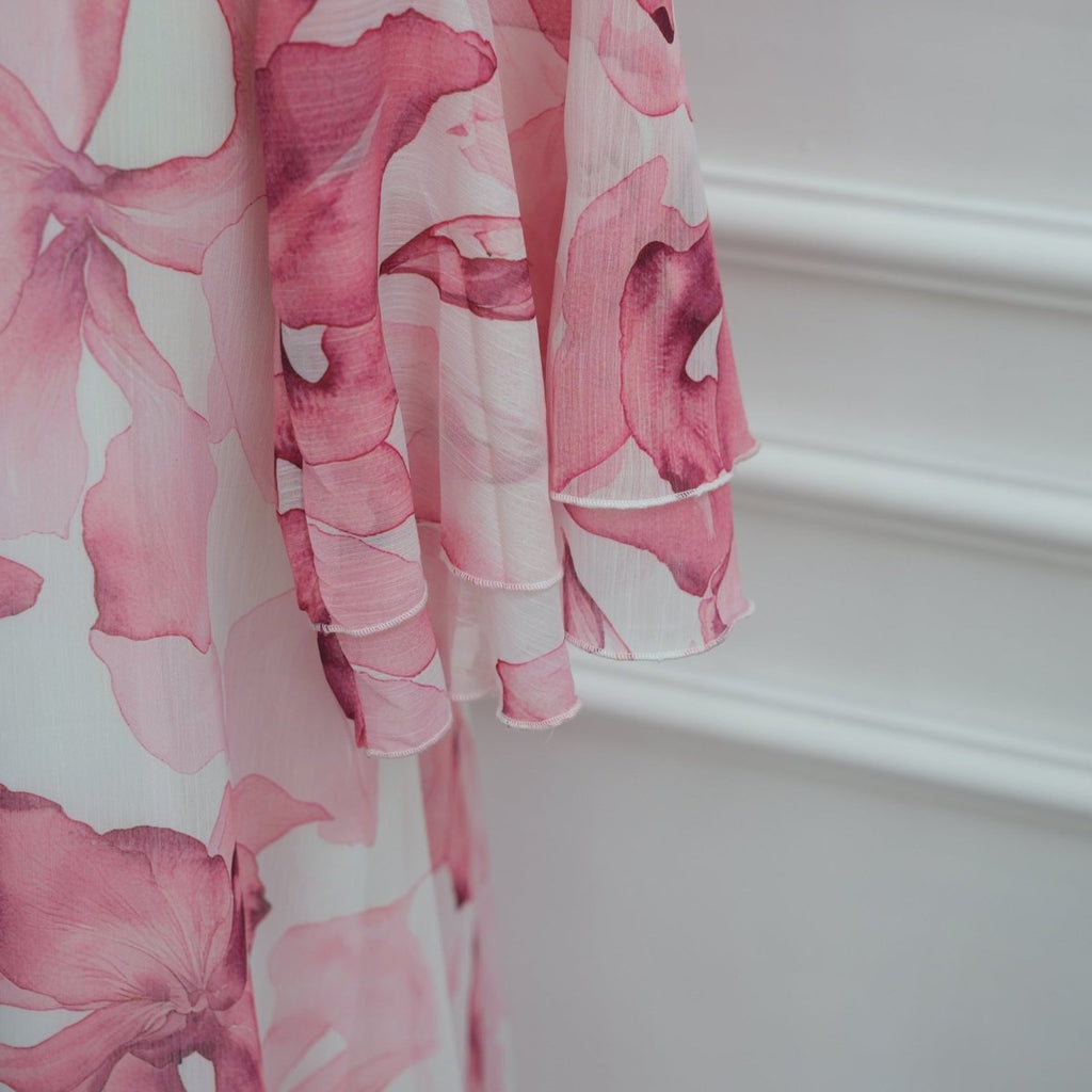 Watercolour Print Double-Layer Flared-Sleeve Maxi Dress