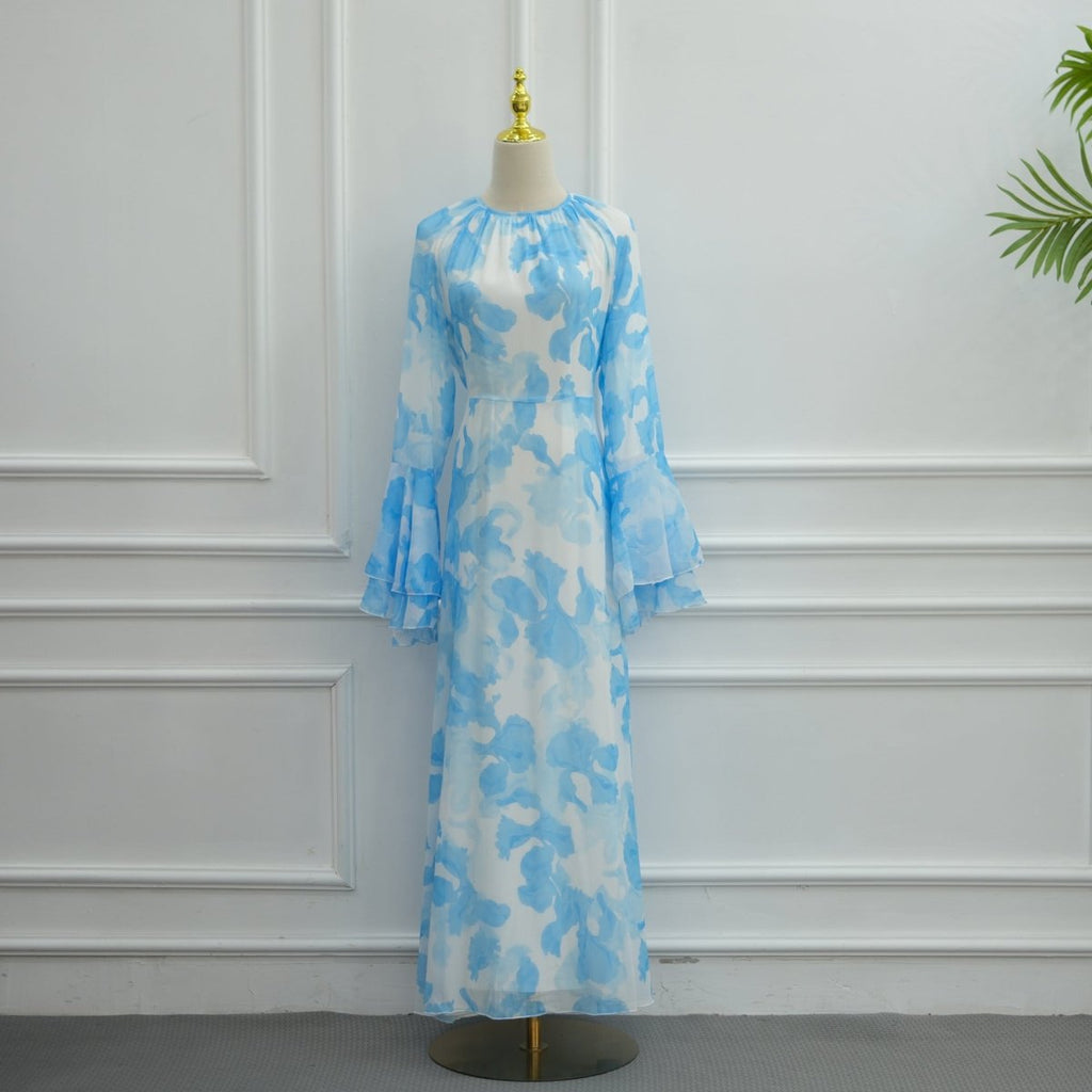 Watercolour Print Double-Layer Flared-Sleeve Maxi Dress
