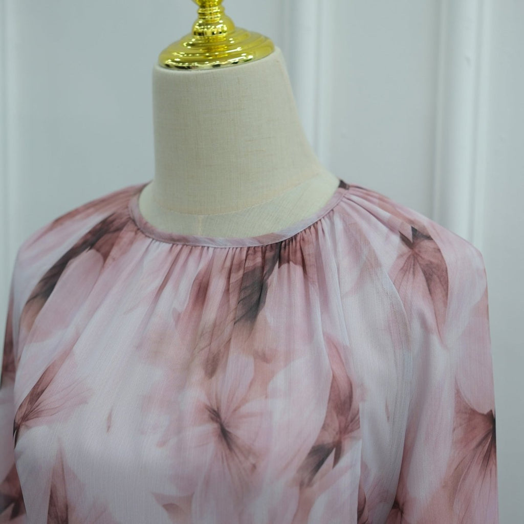 Watercolour Print Double-Layer Flared-Sleeve Maxi Dress
