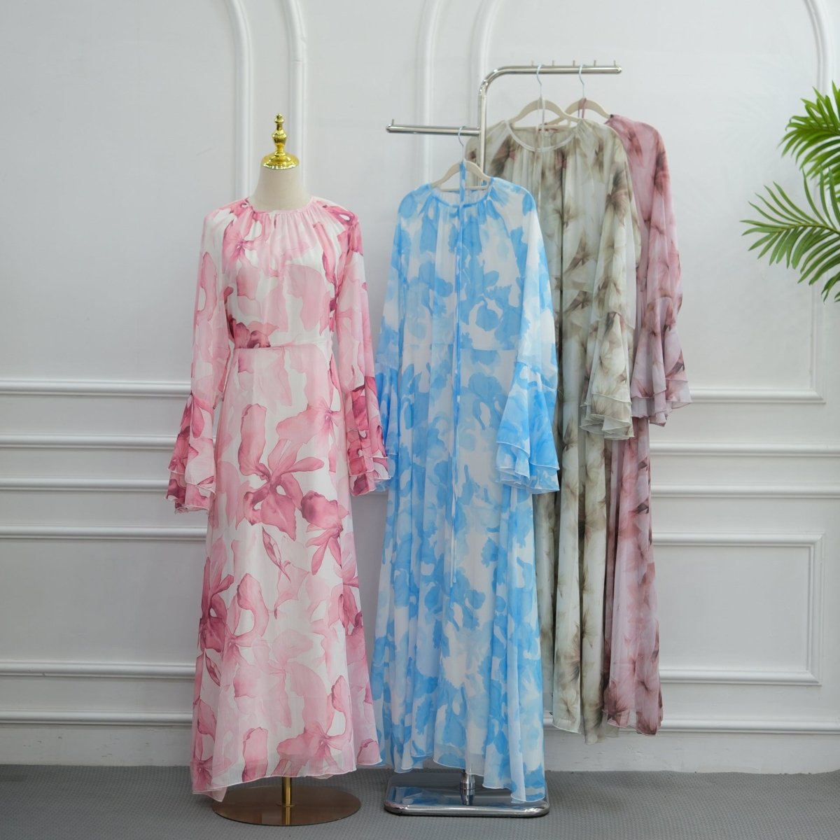 Watercolour Print Double-Layer Flared-Sleeve Maxi Dress